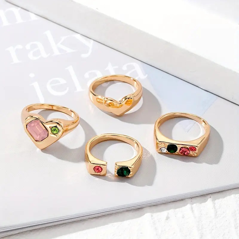 4pcs Y2k Style Stacking Rings Chunky Heart/ Colorful Geometry Design Inlaid Rhinestone