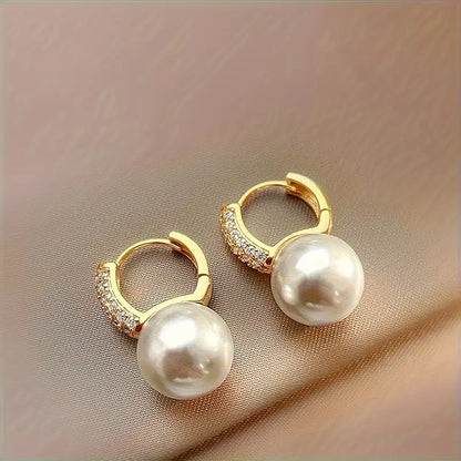 2pcs Elegant Faux Pearl Drop Earrings with Cubic Zirconia, Vintage & Minimalist Style