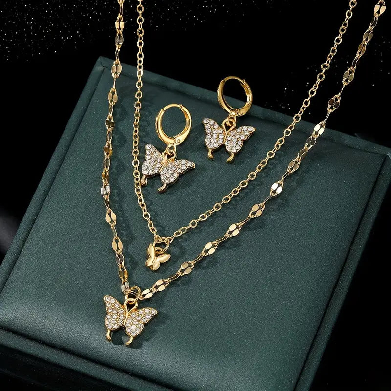 1 Pair Of Earrings + 1 Necklace Coquette Style Jewelry Set Trendy Butterfly Design