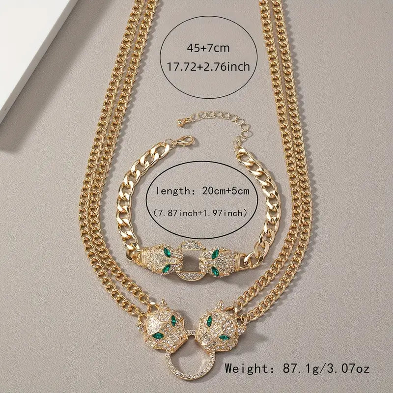 2pcs/set Trendy Hip-hop Style Inlaid Rhinestones Necklace And Bracelet Set, Double-layer Chain Set