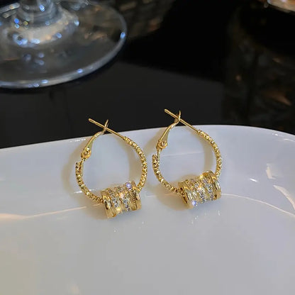 Golden Hoop Earrings With Sparkling Zircon Decor Elegant Sexy Style Zinc Alloy Jewelry