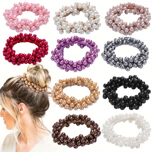 10 Pcs Faux Pearl Decor Hair Ties Elastic Scrunchies Stretchy Bands Bead Ropes Hair Accessories For Women