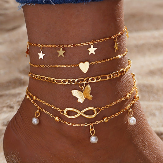 4pcs Stackable Thin Chain Anklet Set With Butterfly Infinity Symbol Shape Beads Stackable Ankle Bracelet Set