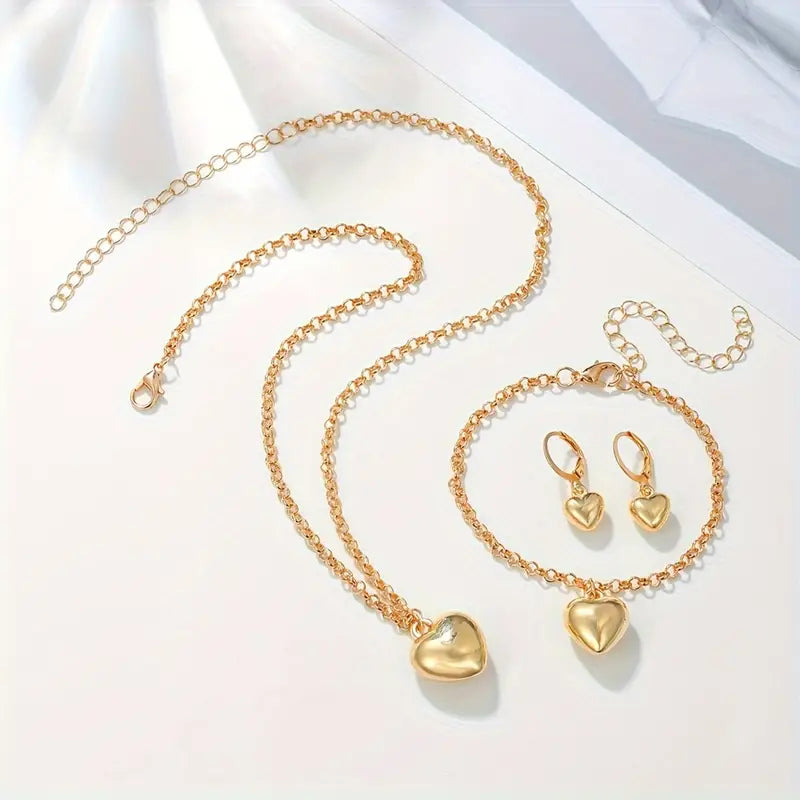 1 Pair Of Earrings + 1 Bracelet + 1 Necklace Chic Jewelry Set Trendy Golden Heart Design