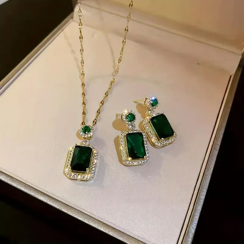 Luxury Jewelry Set, Fashion Emerald Green Artificial Crystal Necklace, Earrings & Ring, Elegant Banquet Bridal Accessory Gift Set, Banquet Jewelry Set