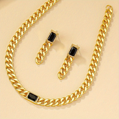 1 Pair Of Earrings + 1 Necklace Punk Style Jewelry Set 14k Plated Black Geometry + Chain Design Or Silvery Make Your Call