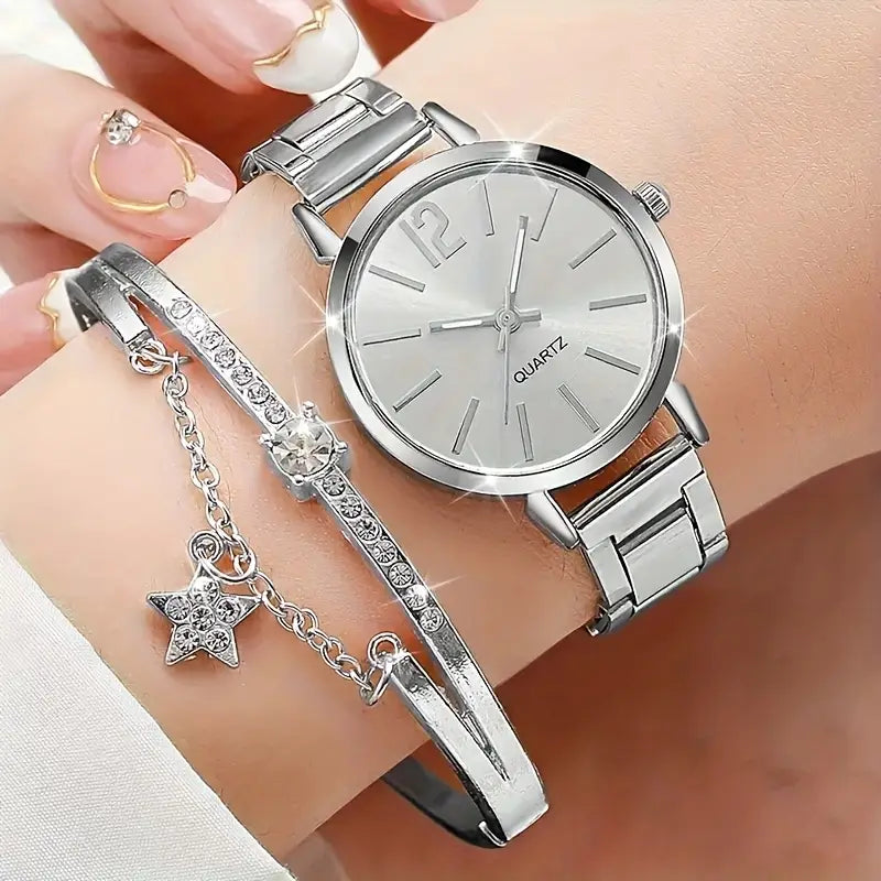 A Set Of 2 Fashionable Ladies' Watches And Sparkling Star Bracelets (Silver)