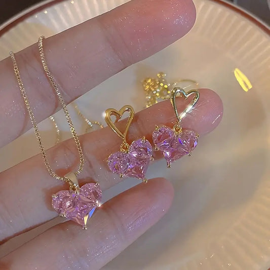 Heart Shape Shiny Rhinestone Decor Dangle Earrings &amp; Pendant Necklace Elegant Y2K