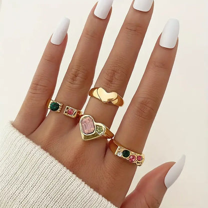 4pcs Y2k Style Stacking Rings Chunky Heart/ Colorful Geometry Design Inlaid Rhinestone