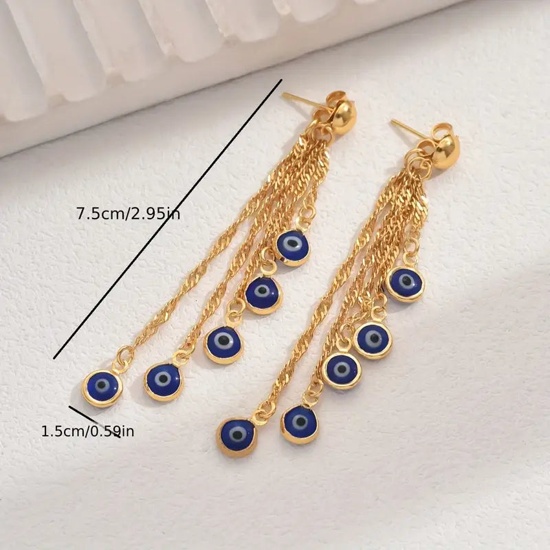 Chic 18K Gold-Plated Tassel Earrings with Blue Eye Accents - Boho/Cute Style