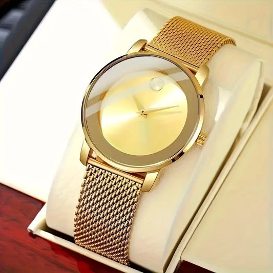 Elegant Golden Tone Women's Quartz Watch, Mesh Strap