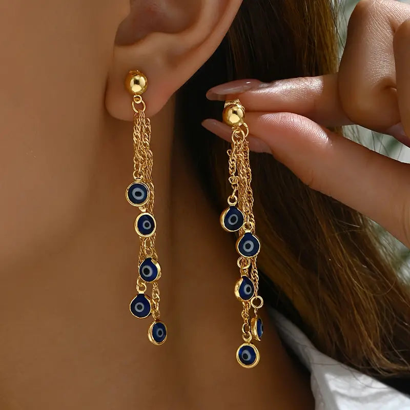 Chic 18K Gold-Plated Tassel Earrings with Blue Eye Accents - Boho/Cute Style