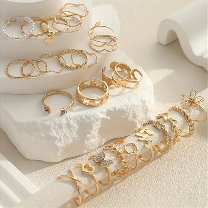 27pcs Y2k Style Stacking Rings Trendy Butterfly/ Heart/ Wave Design Inlaid Rhinestone