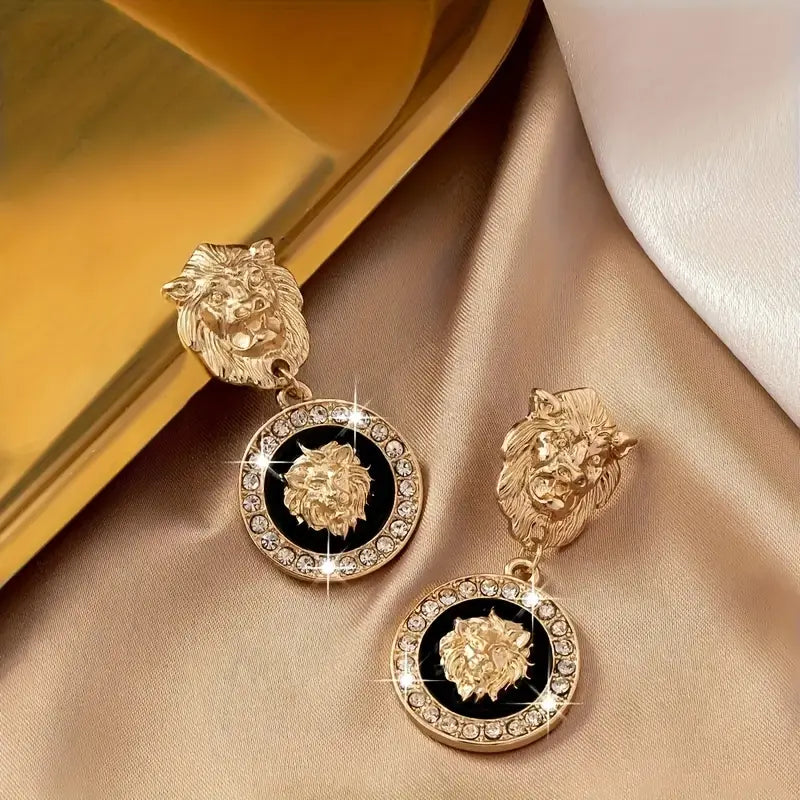 Elegant Vintage Golden Lion Head Drop Earrings With Rhinestone Detail