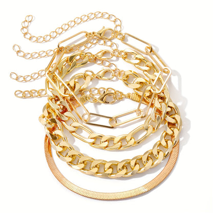 4pcs/set Vintage Simple Cuban Chain Bracelet Golden Classic Snake Chain Bracelet Women's Jewelry