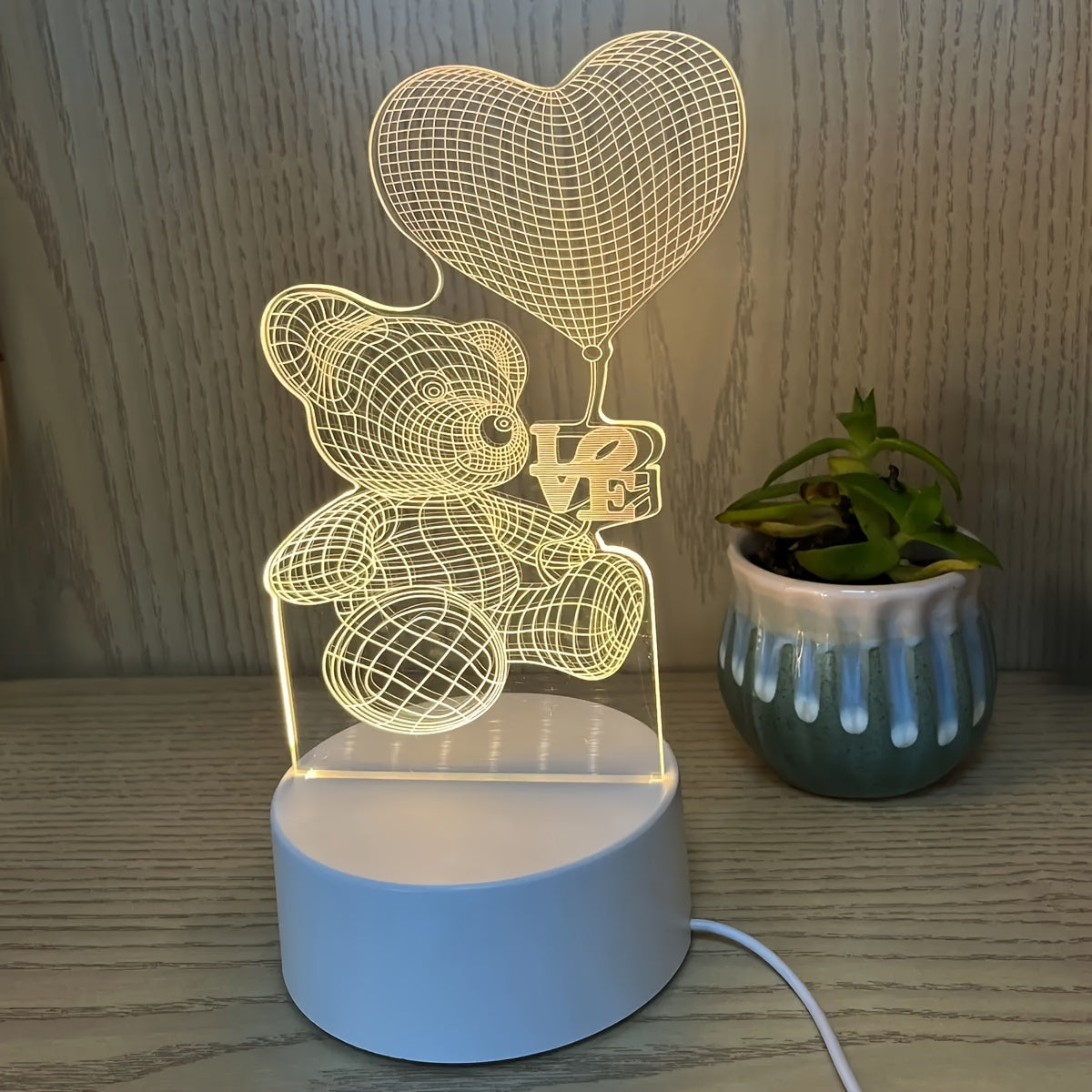 3D Night Light With White Base, Cute Balloon Bear USB Atmosphere Lamp