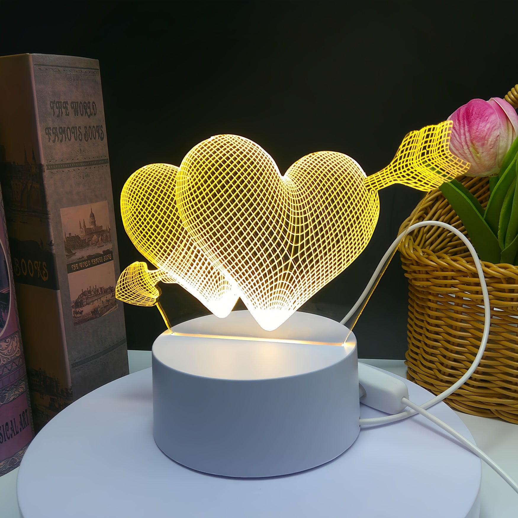 3D Night Light, One Arrow Through The Heart, White Base, USB Key Model