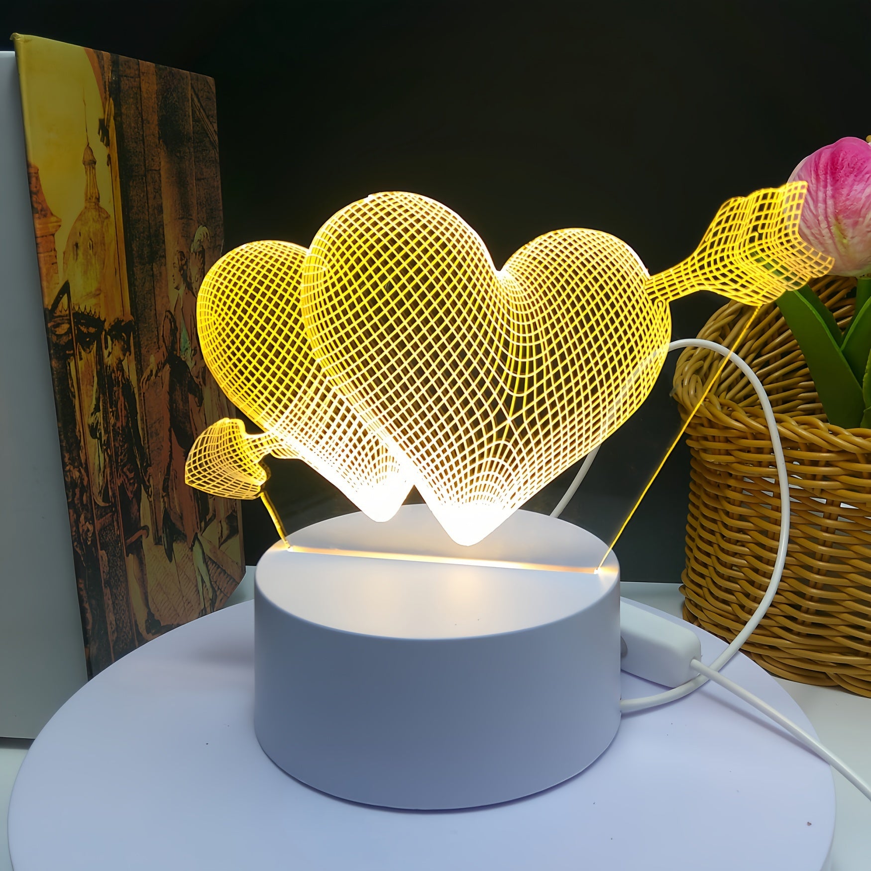 3D Night Light, One Arrow Through The Heart, White Base, USB Key Model