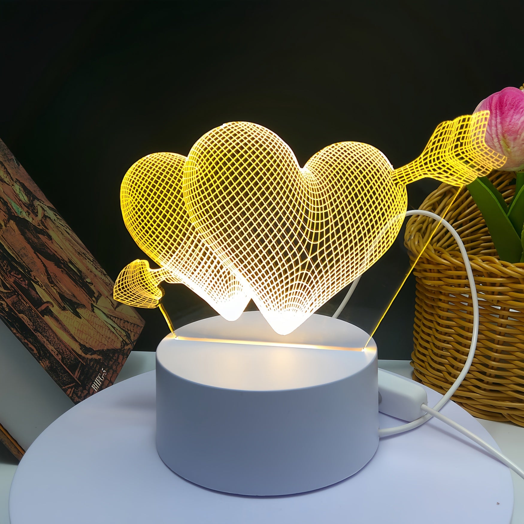 3D Night Light, One Arrow Through The Heart, White Base, USB Key Model