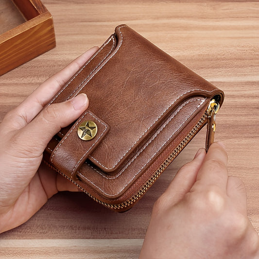 Men's PU Leather Solid Color Business Wallet, Card Holder With Zipper & Button, Gift For Men