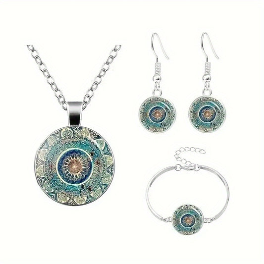 4pcs/set Mandala Flower Gemstone Necklace Bracelet Earrings Jewelry Set