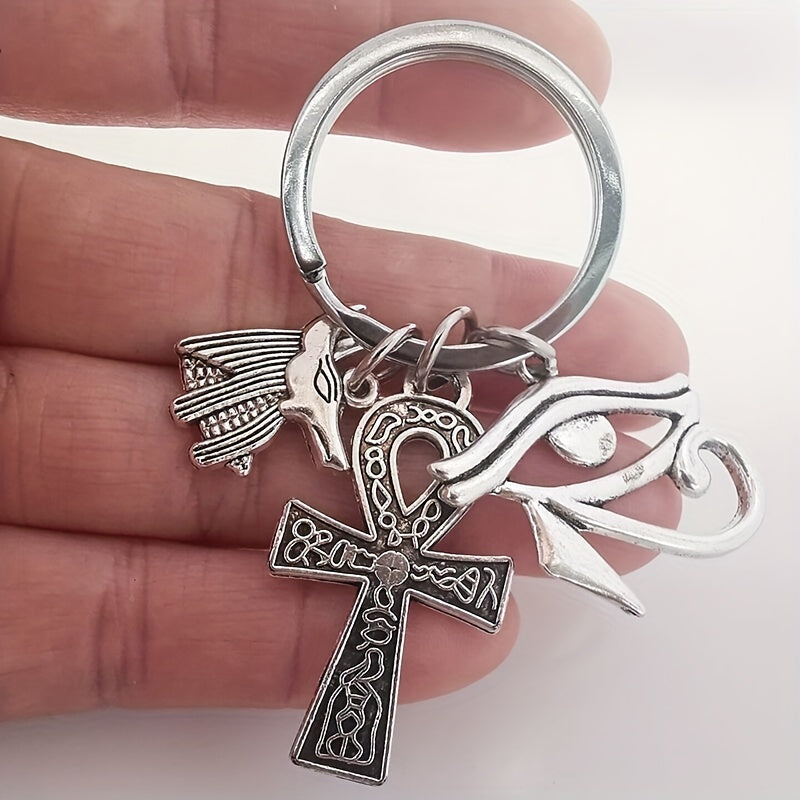 Ancient Egyptian Style Key Chain Cross Horus Eye Anubis Amulet Antique Silver Plated