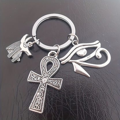 Ancient Egyptian Style Key Chain Cross Horus Eye Anubis Amulet Antique Silver Plated