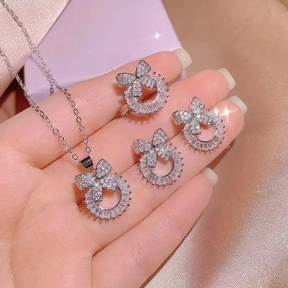 4pcs/Set Simple, Fashionable, Elegant, French Style Alloy Bow-Knot Shaped Pendant Necklace, Ring, Earrings For Women