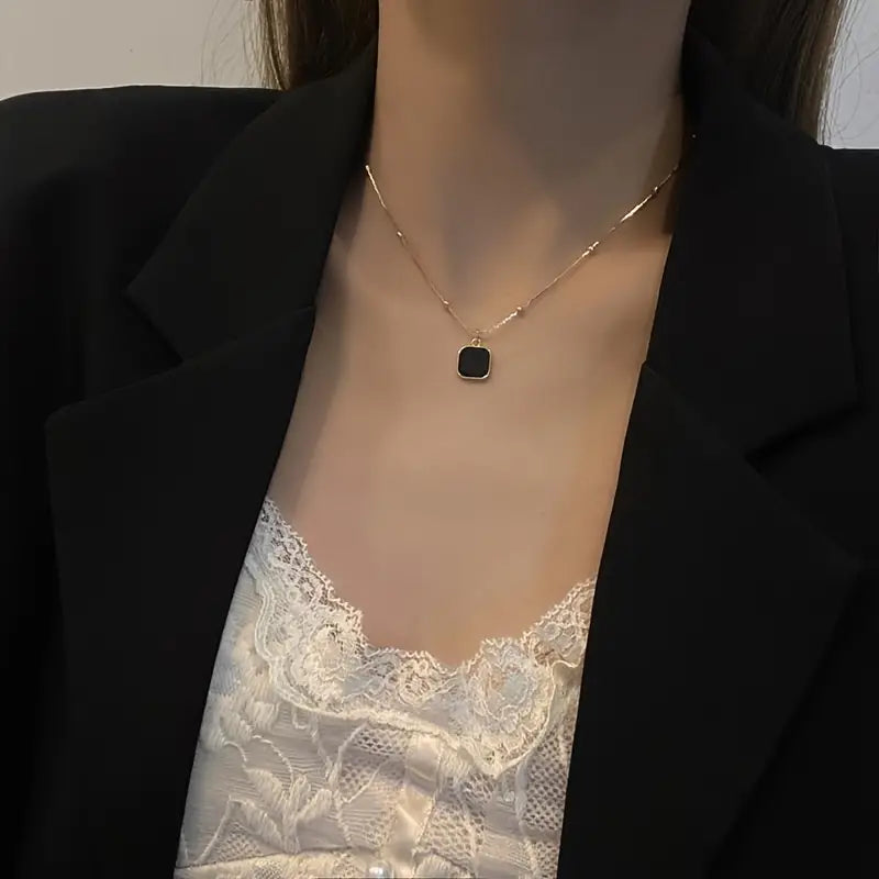 Black Square Pendant Necklace Golden Neck Chain Jewelry