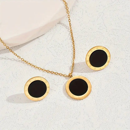 Geometric Round Jewelry Set Black Seashell Bordered Necklace Stud Earrings Jewelry Set