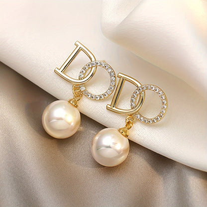 Imitation Pearl Pendant Letter Stud Earrings Rhinestone Inlaid Alloy Hypoallergenic Ear