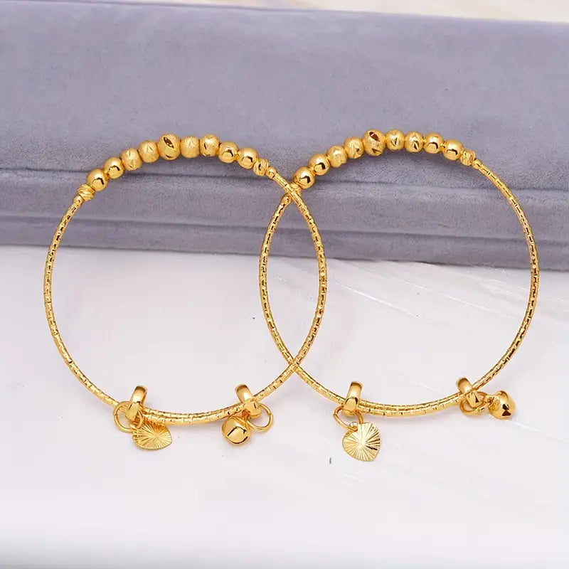 2pcs Classic Adjustable 24k Gold Plated Beaded Bangles, Middle Eastern Inspired