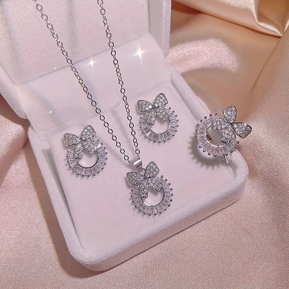 4pcs/Set Simple, Fashionable, Elegant, French Style Alloy Bow-Knot Shaped Pendant Necklace, Ring, Earrings For Women