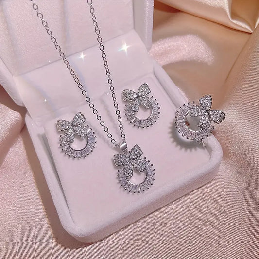 4pcs/Set Simple, Fashionable, Elegant, French Style Alloy Bow-Knot Shaped Pendant Necklace, Ring, Earrings For Women