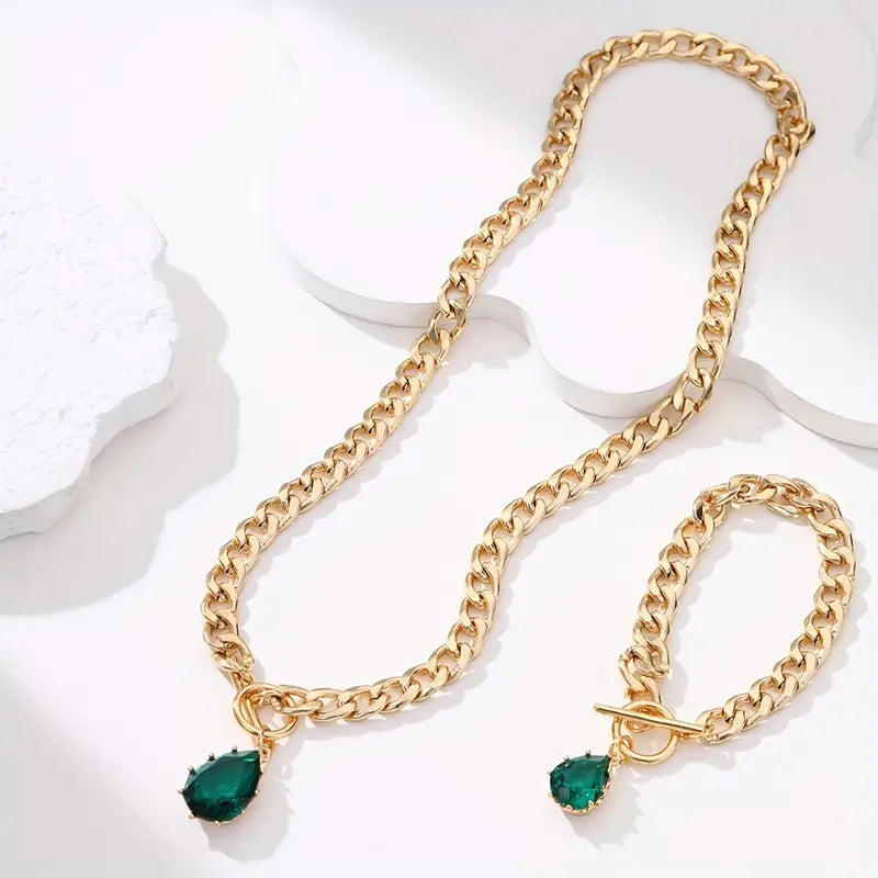 Necklace + Bracelet French Romantic Style Jewelry Set OT Buckle + Chain Design Inlaid Zirconia In Waterdrop Shape