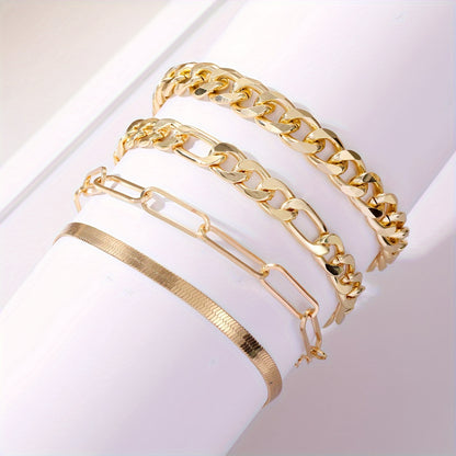 4pcs/set Vintage Simple Cuban Chain Bracelet Golden Classic Snake Chain Bracelet Women's Jewelry