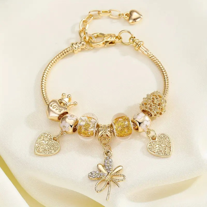 Elegant & Cute Heart Crown Beaded Bracelet With Bow Pendant