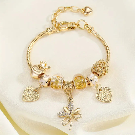 Elegant & Cute Heart Crown Beaded Bracelet With Bow Pendant