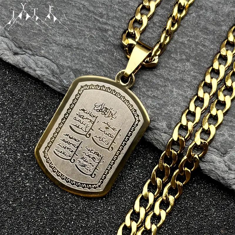 Fashion Stainless Steel Quran Pendant Necklace, Geometric Hip Hop Jewelry with Golden Chain