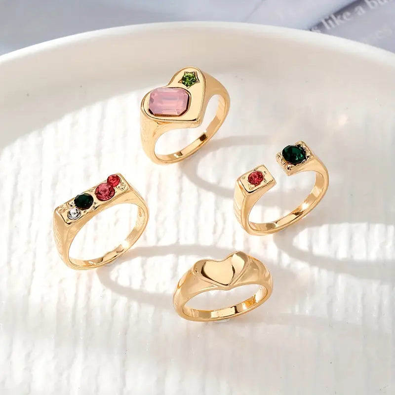 4pcs Y2k Style Stacking Rings Chunky Heart/ Colorful Geometry Design Inlaid Rhinestone