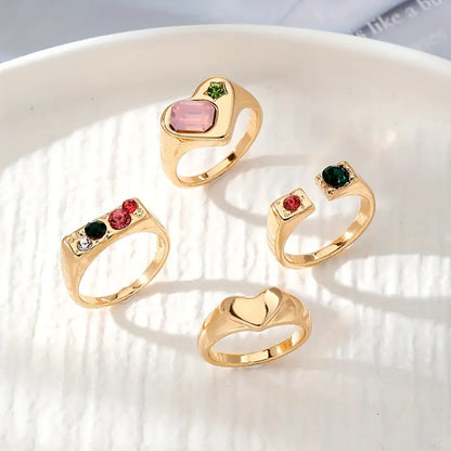 4pcs Y2k Style Stacking Rings Chunky Heart/ Colorful Geometry Design Inlaid Rhinestone