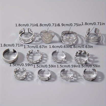 12pcs/set Monochrome Rings Personalized Creative Leaf Love Heart Moon Star Finger Rings