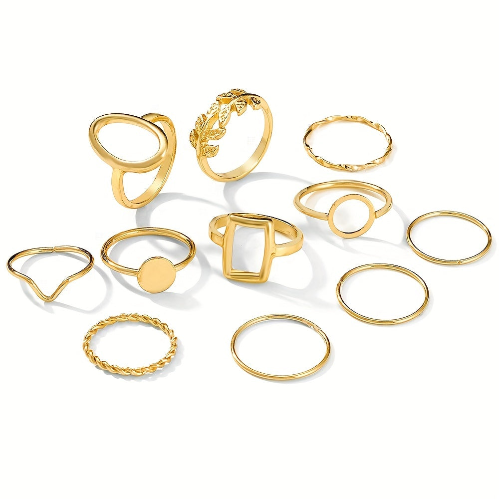 11pcs /set Gold Chic Stacking Rings Trendy Geometric/ Leaf/ Intertwine Design