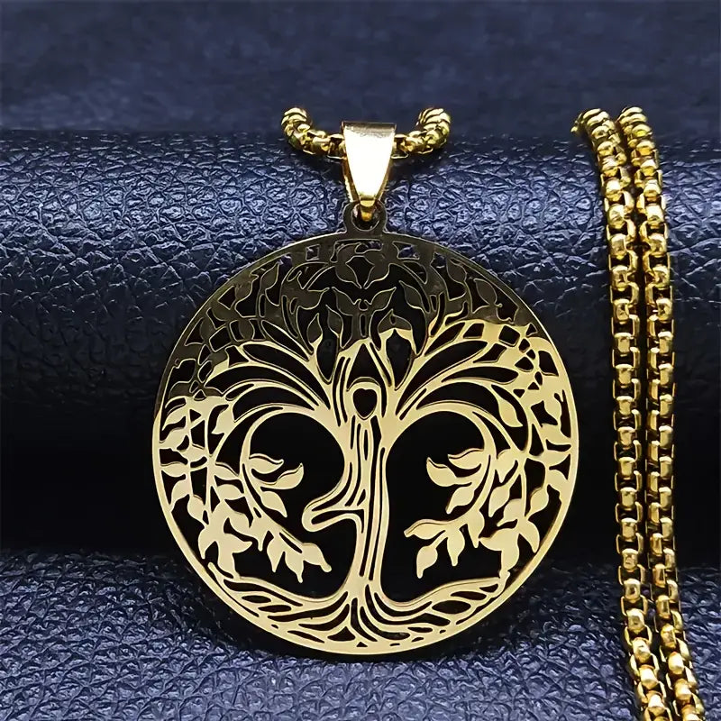 Golden Stainless Steel Necklace With A Large Tree-shaped Pendant
