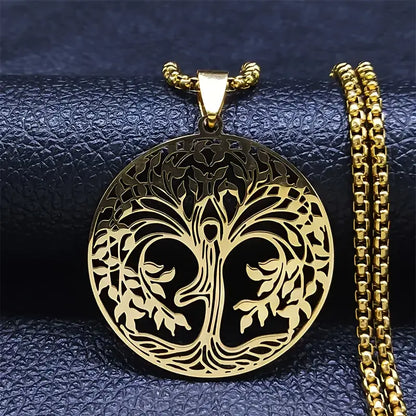 Golden Stainless Steel Necklace With A Large Tree-shaped Pendant