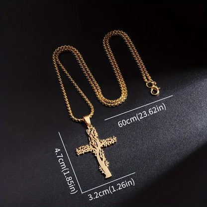 Creative Cross Shape Branch Tree Of Life Design Pendant Stainless Steel Necklace 18K Gold Plated Neck Jewelry