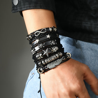 12pcs/set Punk Multi-layer Woven Bracelet, Black Alloy Pu Men's Leather Jewelry