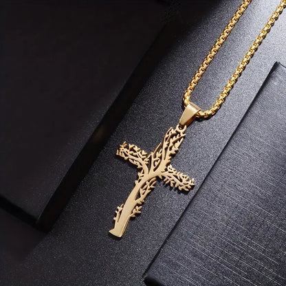 Creative Cross Shape Branch Tree Of Life Design Pendant Stainless Steel Necklace 18K Gold Plated Neck Jewelry