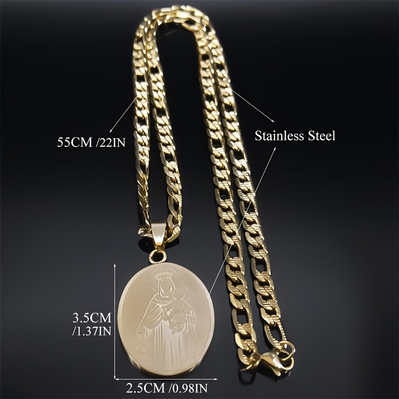 1pc Classic Virgin Mary Pendant Necklace, Stainless Steel Golden Plated Catholic Mother Mary Necklaces