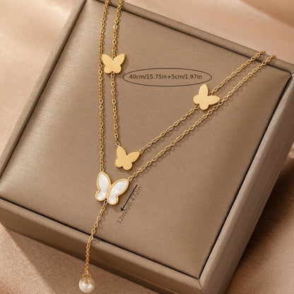 1pc Trendy Stainless Steel Double-layered Butterfly Pendant Necklace